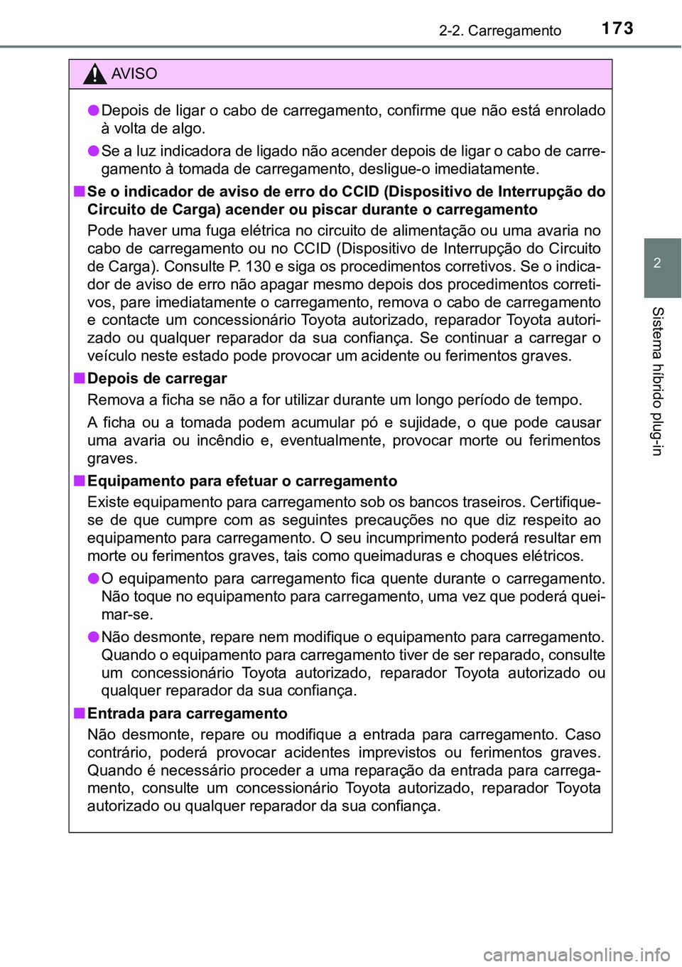 TOYOTA PRIUS PLUG-IN HYBRID 2021 Manual de utilização (in Portuguese) 1732-2. Carregamento
2
Sistema híbrido plug-in
AV I S O
●Depois de ligar o cabo de carregamento, confirme que não está enrolado
à volta de algo.
●Se a luz indicadora de ligado não acender dep TOYOTA PRIUS PLUG-IN HYBRID 2021 Manual de utilização (in Portuguese) 1732-2. Carregamento
2
Sistema híbrido plug-in
AV I S O
●Depois de ligar o cabo de carregamento, confirme que não está enrolado
à volta de algo.
●Se a luz indicadora de ligado não acender dep