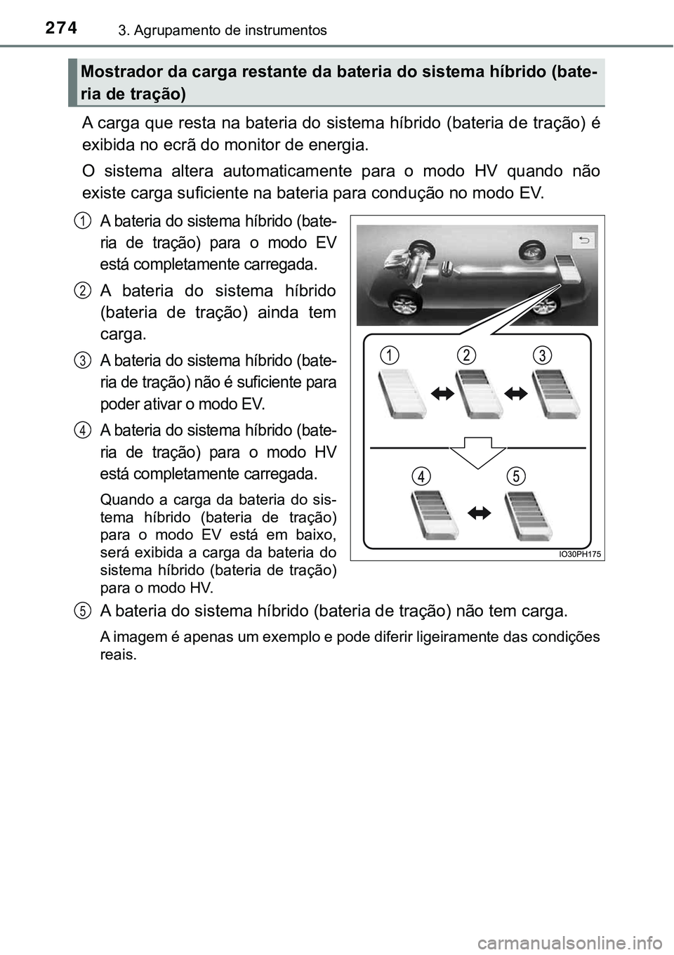 TOYOTA PRIUS PLUG-IN HYBRID 2021 Manual de utilização (in Portuguese) 2743. Agrupamento de instrumentos
A carga que resta na bateria do sistema híbrido (bateria de tração) é
exibida no ecrã do monitor de energia.
O sistema altera automaticamente para o modo TOYOTA PRIUS PLUG-IN HYBRID 2021 Manual de utilização (in Portuguese) 2743. Agrupamento de instrumentos
A carga que resta na bateria do sistema híbrido (bateria de tração) é
exibida no ecrã do monitor de energia.
O sistema altera automaticamente para o modo
