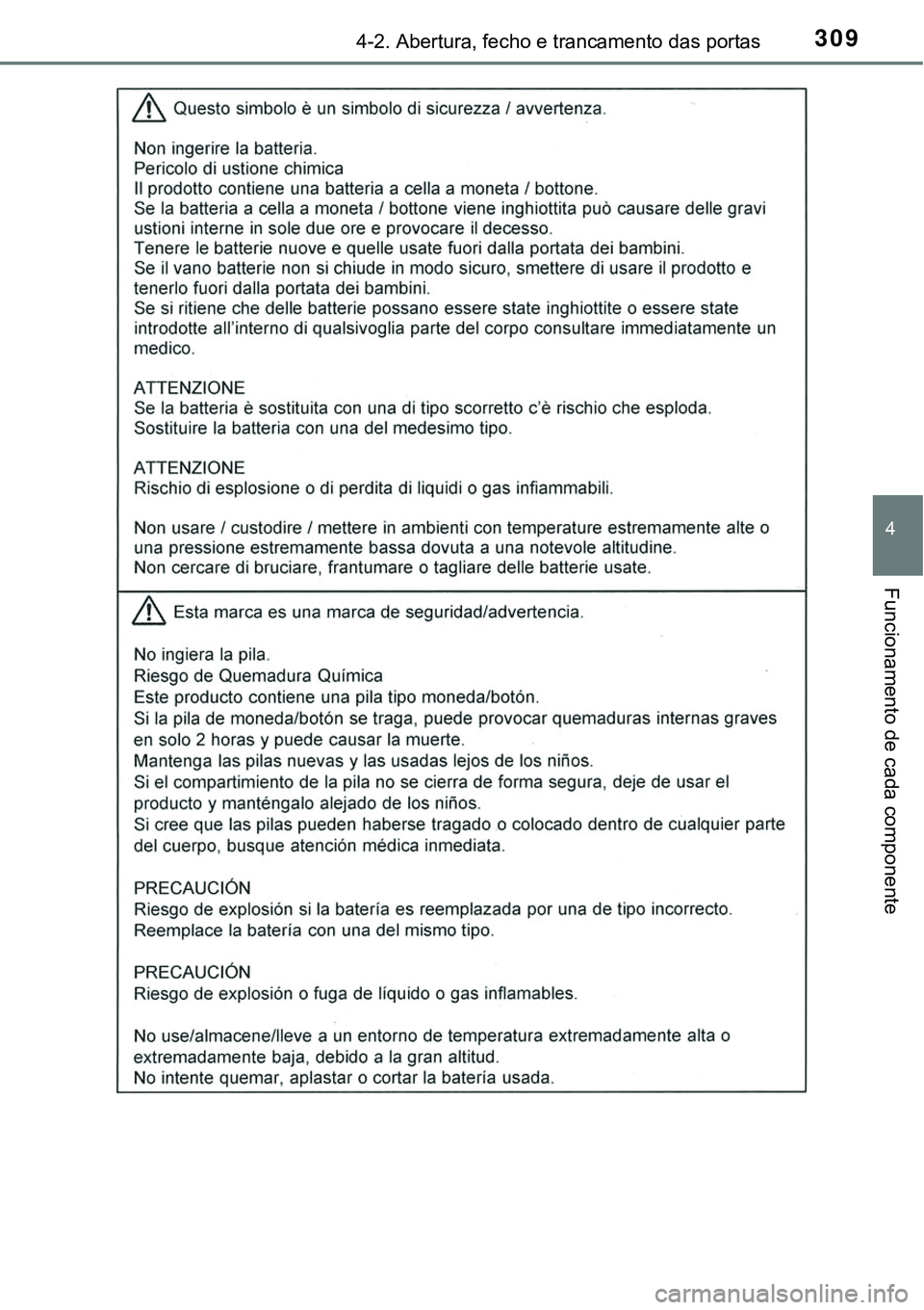 TOYOTA PRIUS PLUG-IN HYBRID 2021 Manual de utilização (in Portuguese) 3094-2. Abertura, fecho e trancamento das portas
4
Funcionamento de cada componente TOYOTA PRIUS PLUG-IN HYBRID 2021 Manual de utilização (in Portuguese) 3094-2. Abertura, fecho e trancamento das portas
4
Funcionamento de cada componente