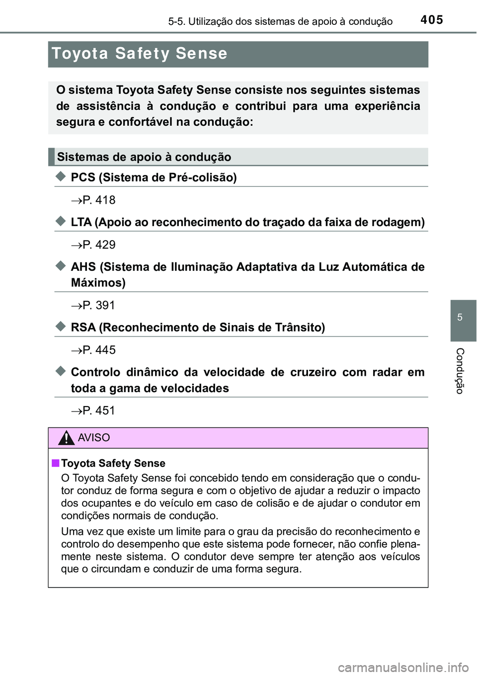 TOYOTA PRIUS PLUG-IN HYBRID 2021  Manual de utilização (in Portuguese) 4055-5. Utilização dos sistemas de apoio à condução
5
Condução
Toyota Safety Sense
◆PCS (Sistema de Pré-colisão) 
P.   4 1 8
◆LTA (Apoio ao reconhecimento do traçado da faixa de rodag