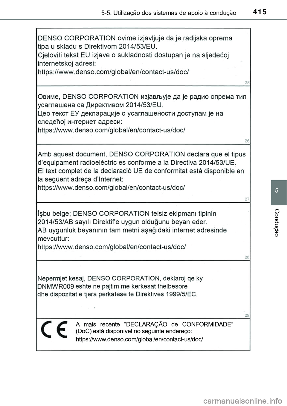 TOYOTA PRIUS PLUG-IN HYBRID 2021  Manual de utilização (in Portuguese) 4155-5. Utilização dos sistemas de apoio à condução
5
Condução
A  mais  recente  “DECLARAÇÃO  de  CONFORMIDADE”
(DoC) está disponível no seguinte endereço: 
https://www.denso.com/globa