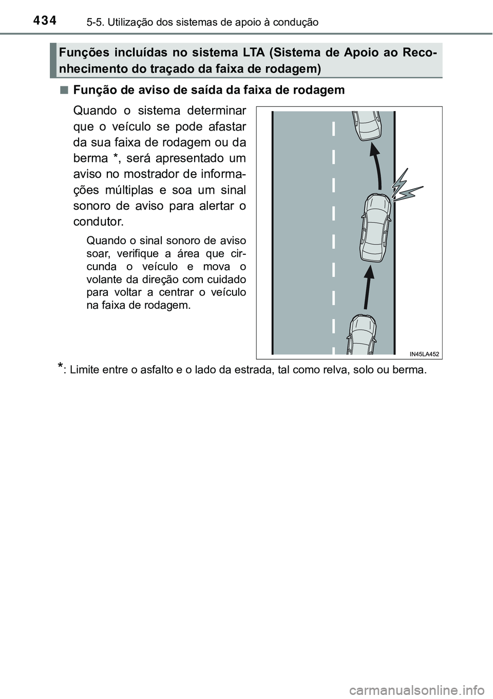 TOYOTA PRIUS PLUG-IN HYBRID 2021 Manual de utilização (in Portuguese) 4345-5. Utilização dos sistemas de apoio à condução
■Função de aviso de saída da faixa de rodagem
Quando o sistema determinar
que o veículo se pode afastar
da sua faixa de rodagem o TOYOTA PRIUS PLUG-IN HYBRID 2021 Manual de utilização (in Portuguese) 4345-5. Utilização dos sistemas de apoio à condução
■Função de aviso de saída da faixa de rodagem
Quando o sistema determinar
que o veículo se pode afastar
da sua faixa de rodagem o