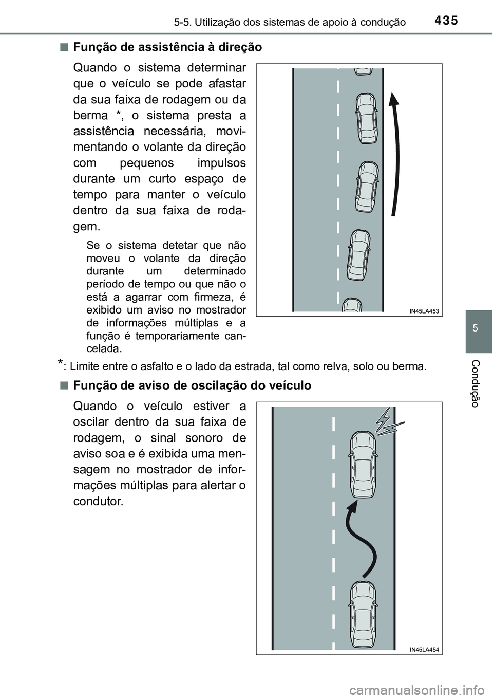 TOYOTA PRIUS PLUG-IN HYBRID 2021 Manual de utilização (in Portuguese) 4355-5. Utilização dos sistemas de apoio à condução
5
Condução
■Função de assistência à direção
Quando o sistema determinar
que o veículo se pode afastar
da sua faixa de rodage TOYOTA PRIUS PLUG-IN HYBRID 2021 Manual de utilização (in Portuguese) 4355-5. Utilização dos sistemas de apoio à condução
5
Condução
■Função de assistência à direção
Quando o sistema determinar
que o veículo se pode afastar
da sua faixa de rodage