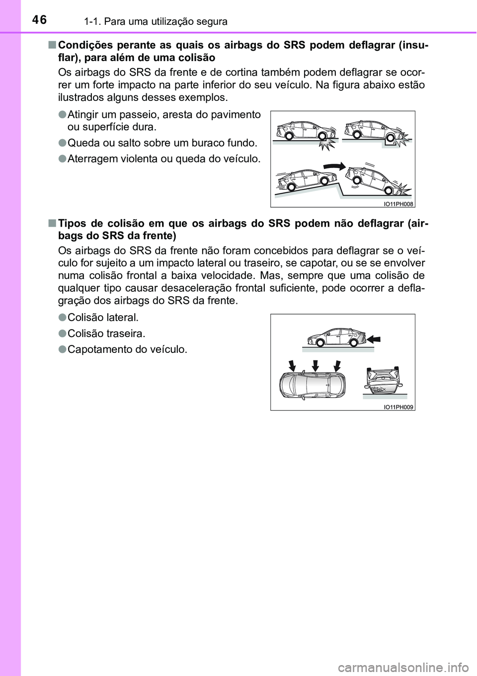 TOYOTA PRIUS PLUG-IN HYBRID 2021 Manual de utilização (in Portuguese) 461-1. Para uma utilização segura
■Condições perante as quais os airbags do SRS podem deflagrar (insu-
flar), para além de uma colisão
Os airbags do SRS da frente e de cortina també TOYOTA PRIUS PLUG-IN HYBRID 2021 Manual de utilização (in Portuguese) 461-1. Para uma utilização segura
■Condições perante as quais os airbags do SRS podem deflagrar (insu-
flar), para além de uma colisão
Os airbags do SRS da frente e de cortina també