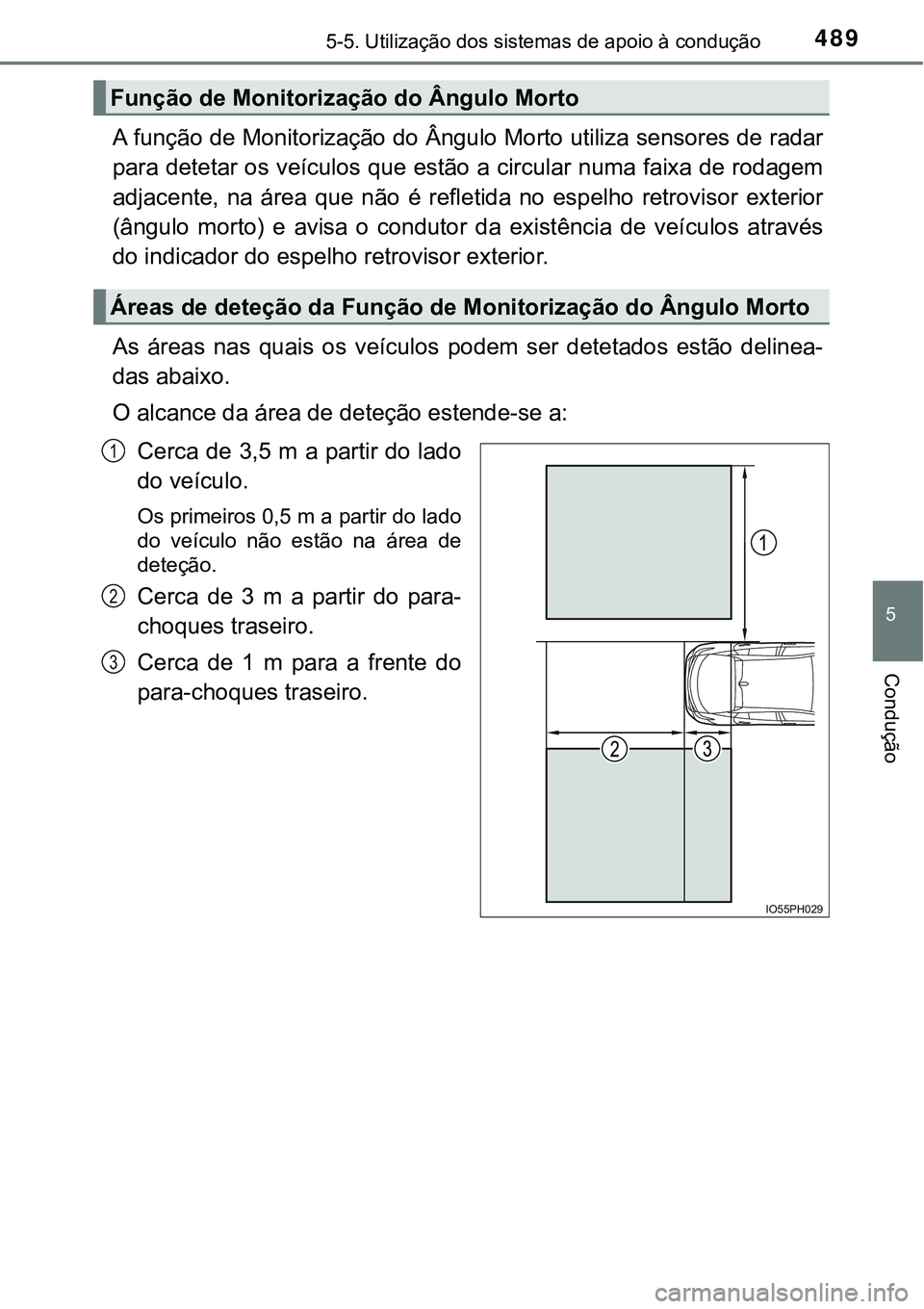 TOYOTA PRIUS PLUG-IN HYBRID 2021 Manual de utilização (in Portuguese) 4895-5. Utilização dos sistemas de apoio à condução
5
Condução
A função de Monitorização do Ângulo Morto utiliza sensores de radar
para detetar os veículos que estão a circular numa faix TOYOTA PRIUS PLUG-IN HYBRID 2021 Manual de utilização (in Portuguese) 4895-5. Utilização dos sistemas de apoio à condução
5
Condução
A função de Monitorização do Ângulo Morto utiliza sensores de radar
para detetar os veículos que estão a circular numa faix