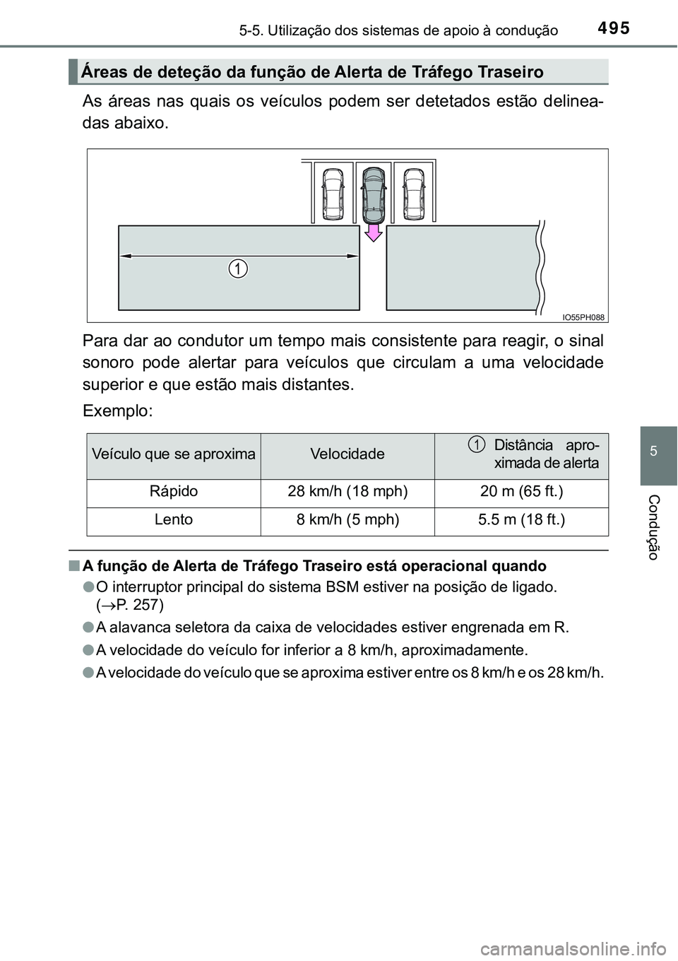 TOYOTA PRIUS PLUG-IN HYBRID 2021 Manual de utilização (in Portuguese) 4955-5. Utilização dos sistemas de apoio à condução
5
Condução
As áreas nas quais os veículos podem ser detetados estão delinea-
das abaixo.
Para dar ao condutor um tempo mais cons TOYOTA PRIUS PLUG-IN HYBRID 2021 Manual de utilização (in Portuguese) 4955-5. Utilização dos sistemas de apoio à condução
5
Condução
As áreas nas quais os veículos podem ser detetados estão delinea-
das abaixo.
Para dar ao condutor um tempo mais cons