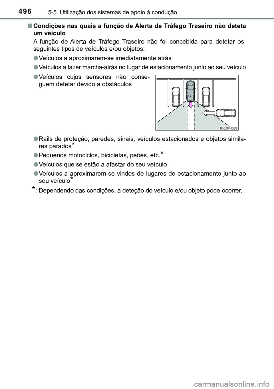 TOYOTA PRIUS PLUG-IN HYBRID 2021 Manual de utilização (in Portuguese) 4965-5. Utilização dos sistemas de apoio à condução
■Condições nas quais a função de Alerta de Tráfego Traseiro não deteta
um veículo
A função de Alerta de Tráfego Tras TOYOTA PRIUS PLUG-IN HYBRID 2021 Manual de utilização (in Portuguese) 4965-5. Utilização dos sistemas de apoio à condução
■Condições nas quais a função de Alerta de Tráfego Traseiro não deteta
um veículo
A função de Alerta de Tráfego Tras