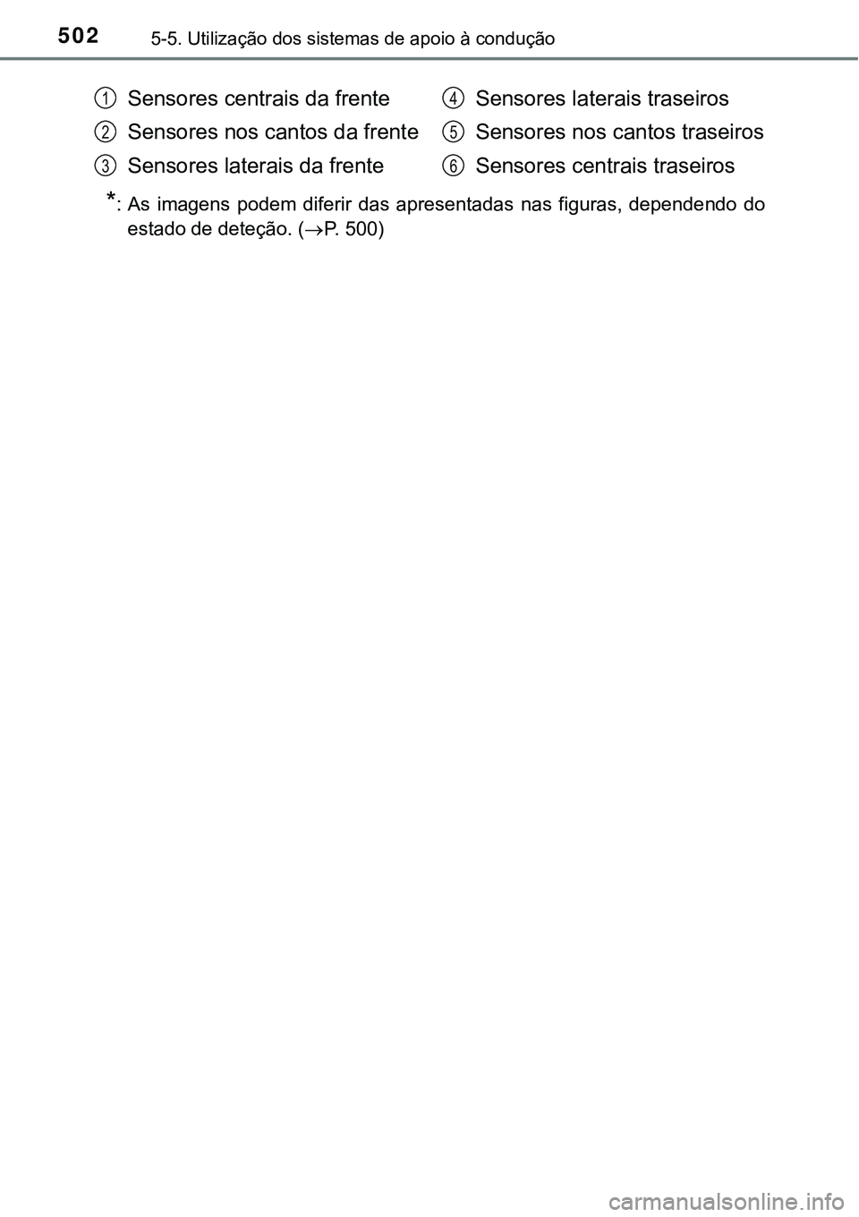 TOYOTA PRIUS PLUG-IN HYBRID 2021 Manual de utilização (in Portuguese) 5025-5. Utilização dos sistemas de apoio à condução
*: As imagens podem diferir das apresentadas nas figuras, dependendo do
estado de deteção. (P. 5 0 0 )
Sensores centrais da fre TOYOTA PRIUS PLUG-IN HYBRID 2021 Manual de utilização (in Portuguese) 5025-5. Utilização dos sistemas de apoio à condução
*: As imagens podem diferir das apresentadas nas figuras, dependendo do
estado de deteção. (P. 5 0 0 )
Sensores centrais da fre
