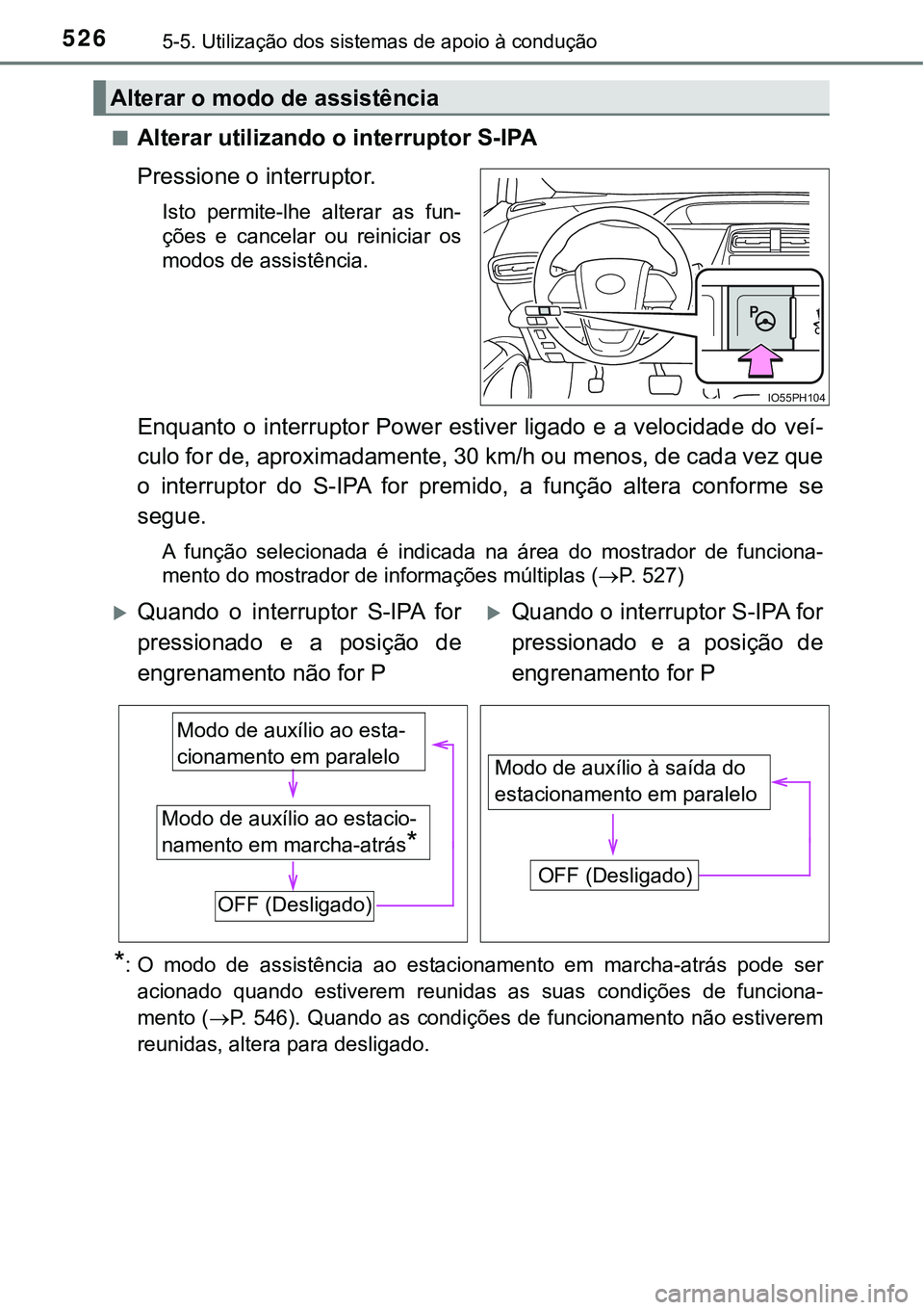 TOYOTA PRIUS PLUG-IN HYBRID 2021 Manual de utilização (in Portuguese) 5265-5. Utilização dos sistemas de apoio à condução
■Alterar utilizando o interruptor S-IPA
Pressione o interruptor.
Isto permite-lhe alterar as fun-
ções e cancelar ou reiniciar os
TOYOTA PRIUS PLUG-IN HYBRID 2021 Manual de utilização (in Portuguese) 5265-5. Utilização dos sistemas de apoio à condução
■Alterar utilizando o interruptor S-IPA
Pressione o interruptor.
Isto permite-lhe alterar as fun-
ções e cancelar ou reiniciar os