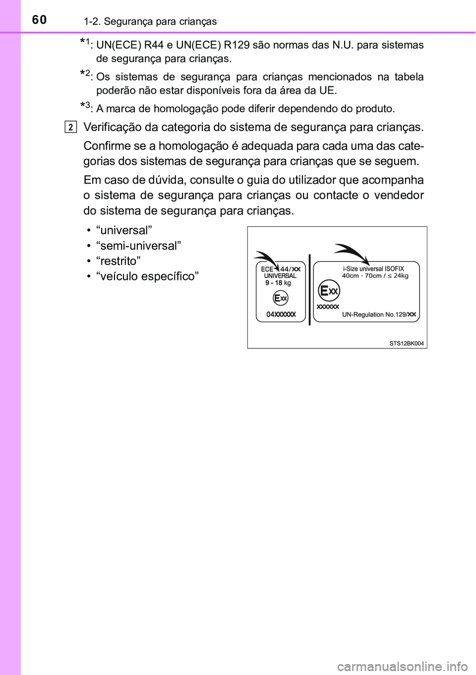 TOYOTA PRIUS PLUG-IN HYBRID 2021 Manual de utilização (in Portuguese) 601-2. Segurança para crianças
*1: UN(ECE) R44 e UN(ECE) R129 são normas das N.U. para sistemas
de segurança para crianças.
*2: Os sistemas de segurança para crianças mencionados na tab TOYOTA PRIUS PLUG-IN HYBRID 2021 Manual de utilização (in Portuguese) 601-2. Segurança para crianças
*1: UN(ECE) R44 e UN(ECE) R129 são normas das N.U. para sistemas
de segurança para crianças.
*2: Os sistemas de segurança para crianças mencionados na tab