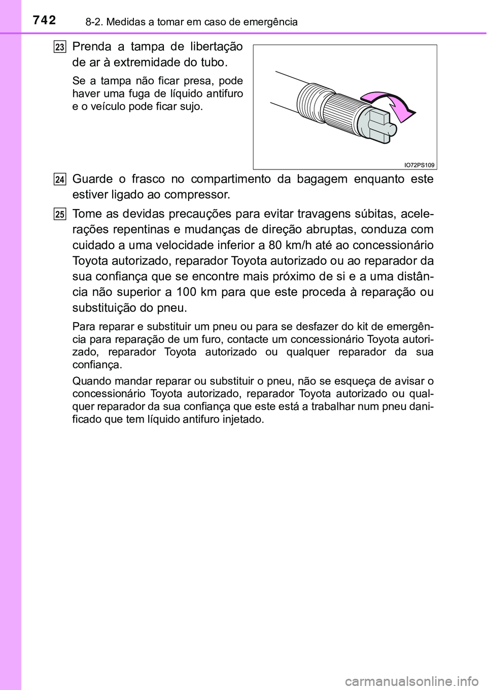 TOYOTA PRIUS PLUG-IN HYBRID 2021  Manual de utilização (in Portuguese) 7428-2. Medidas a tomar em caso de emergência
Prenda  a  tampa  de  libertação
de ar à extremidade do tubo.
Se  a  tampa  não  ficar  presa,  pode
haver  uma  fuga  de  líquido  antifuro
e o ve