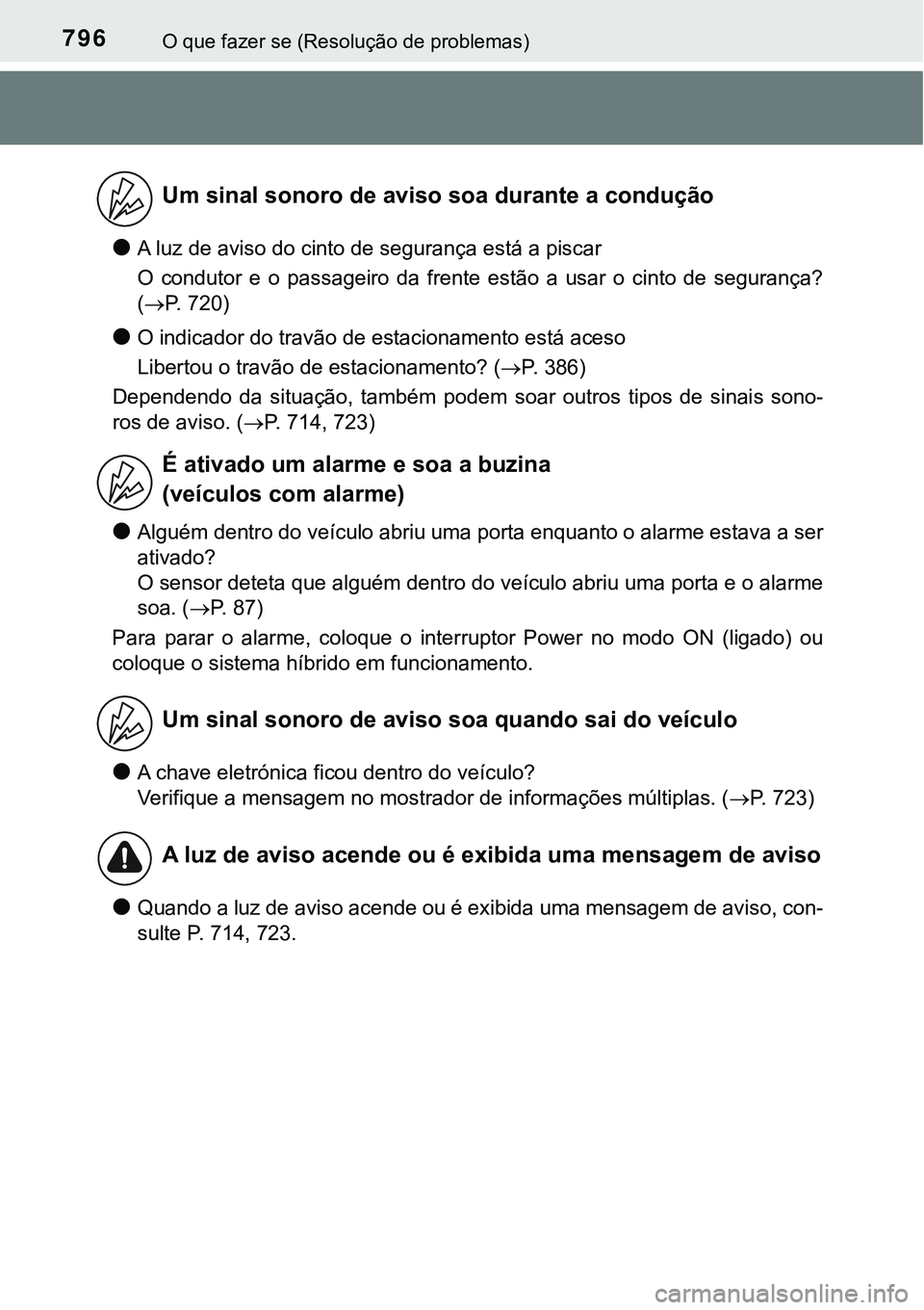 TOYOTA PRIUS PLUG-IN HYBRID 2021 Manual de utilização (in Portuguese) 796O que fazer se (Resolução de problemas)
●A luz de aviso do cinto de segurança está a piscar
O condutor e o passageiro da frente estão a usar o cinto de segurança?
(P. 720)
TOYOTA PRIUS PLUG-IN HYBRID 2021 Manual de utilização (in Portuguese) 796O que fazer se (Resolução de problemas)
●A luz de aviso do cinto de segurança está a piscar
O condutor e o passageiro da frente estão a usar o cinto de segurança?
(P. 720)