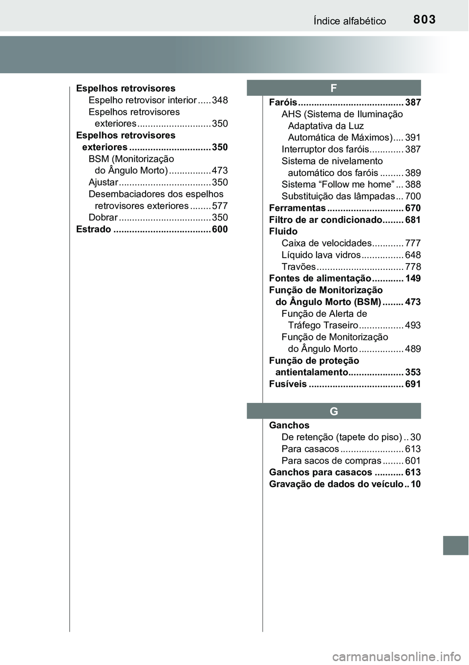 TOYOTA PRIUS PLUG-IN HYBRID 2021 Manual de utilização (in Portuguese) 803Índice alfabético
Espelhos retrovisores
Espelho retrovisor interior ..... 348
Espelhos retrovisores
exteriores ............................ 350
Espelhos retrovisores
exteriores ................ TOYOTA PRIUS PLUG-IN HYBRID 2021 Manual de utilização (in Portuguese) 803Índice alfabético
Espelhos retrovisores
Espelho retrovisor interior ..... 348
Espelhos retrovisores
exteriores ............................ 350
Espelhos retrovisores
exteriores ................
