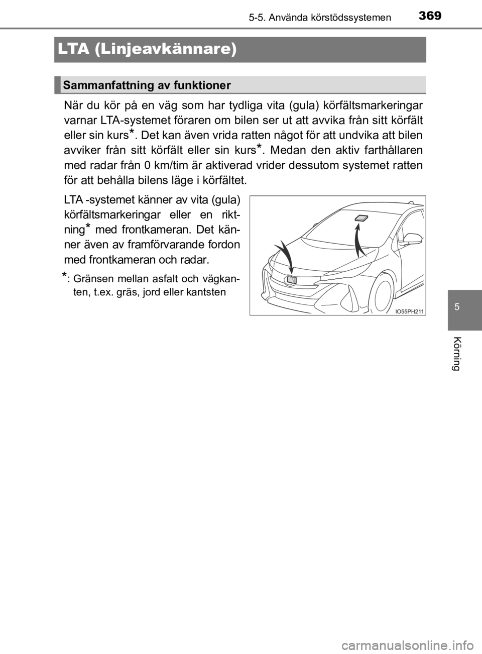 TOYOTA PRIUS PLUG-IN HYBRID 2021  Bruksanvisningar (in Swedish) 3695-5. Använda körstödssystemen
OM47D72SE
5
Körning
LTA (Linjeavkännare)
När  du  kör  på  en  väg  som  har  tydliga  vita  (gula)  körfältsmarker ingar
varnar LTA-systemet föraren om bi