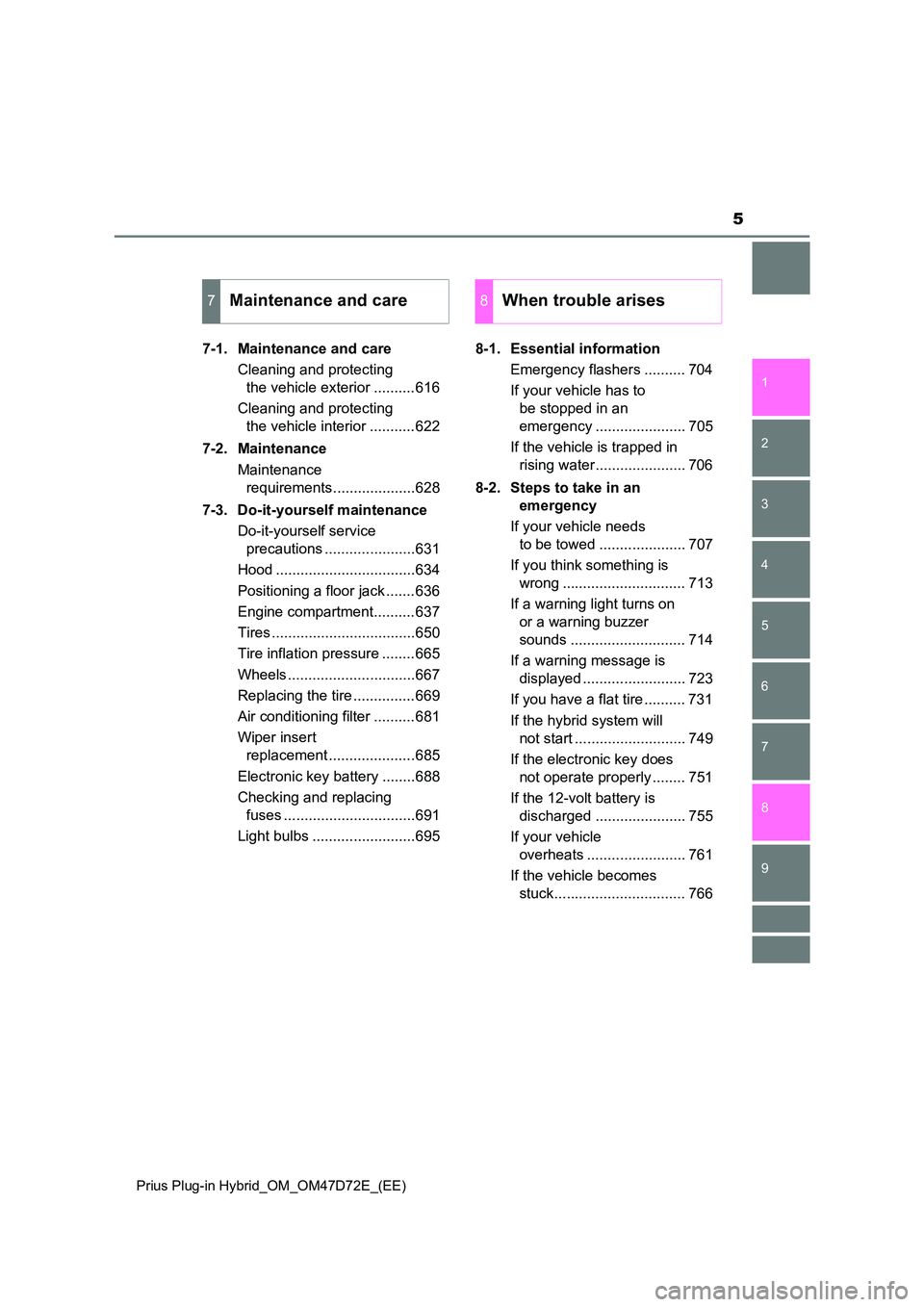 TOYOTA PRIUS PLUG-IN HYBRID 2020  Owners Manual 5
1 
9 
8
7
6
5
4 
2
Prius Plug-in Hybrid_OM_OM47D72E_(EE)
3
7-1. Maintenance and care 
Cleaning and protecting  
the vehicle exterior ..........616 
Cleaning and protecting  
the vehicle interior ...