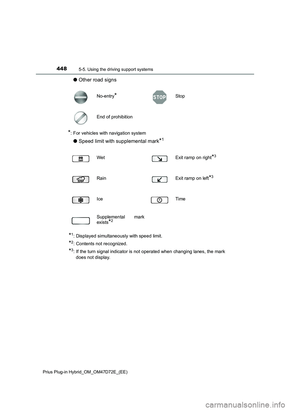 TOYOTA PRIUS PLUG-IN HYBRID 2020 Owners Manual 4485-5. Using the driving support systems
Prius Plug-in Hybrid_OM_OM47D72E_(EE)
●Other road signs
*: For vehicles with navigation system
●Speed limit with supplemental mark*1
*1: Displayed simulta TOYOTA PRIUS PLUG-IN HYBRID 2020 Owners Manual 4485-5. Using the driving support systems
Prius Plug-in Hybrid_OM_OM47D72E_(EE)
●Other road signs
*: For vehicles with navigation system
●Speed limit with supplemental mark*1
*1: Displayed simulta