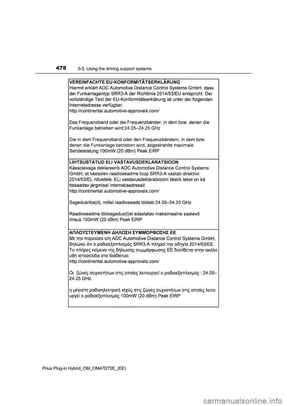 TOYOTA PRIUS PLUG-IN HYBRID 2020  Owners Manual 4785-5. Using the driving support systems
Prius Plug-in Hybrid_OM_OM47D72E_(EE) 