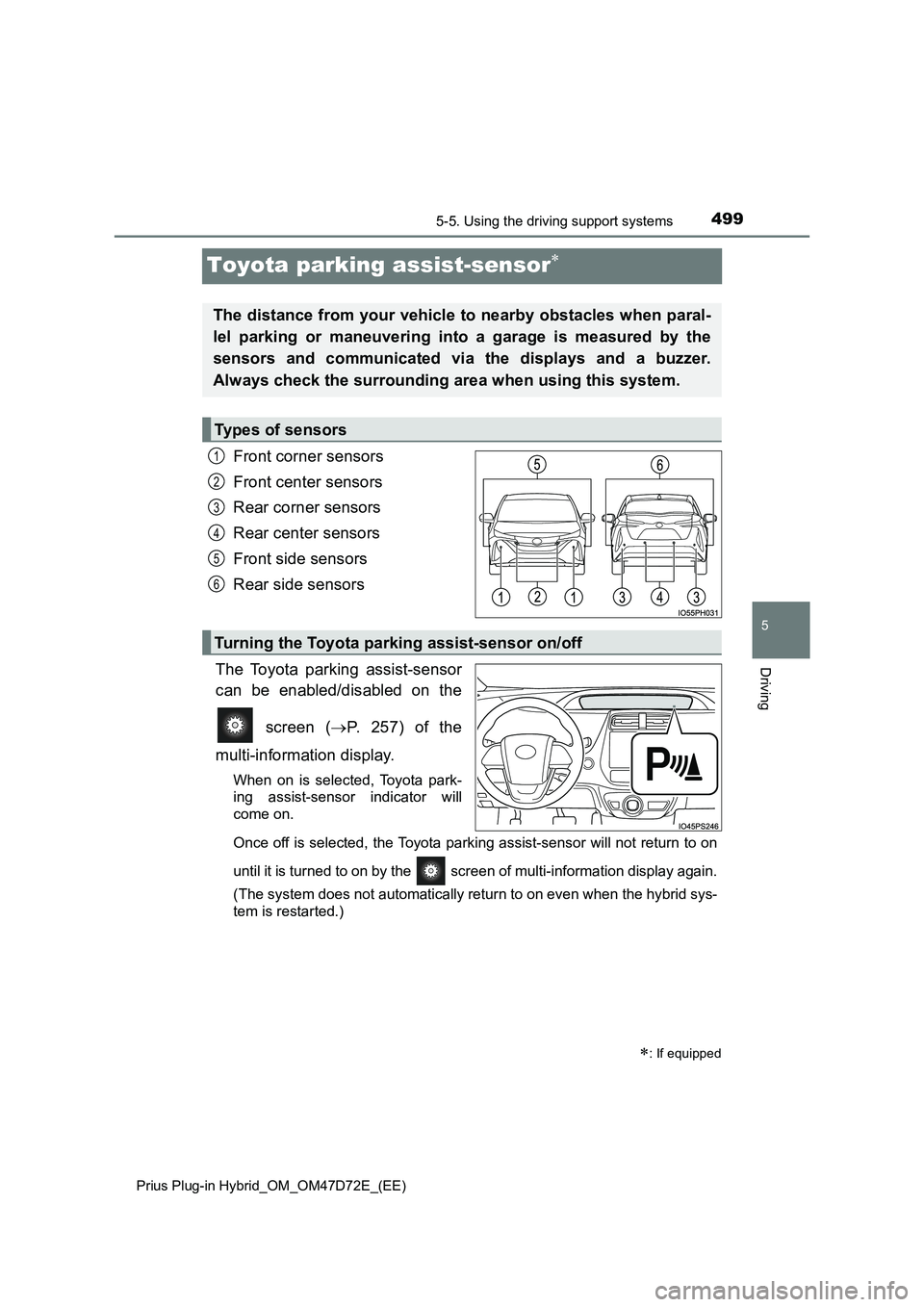 TOYOTA PRIUS PLUG-IN HYBRID 2020 Owners Manual 4995-5. Using the driving support systems
Prius Plug-in Hybrid_OM_OM47D72E_(EE)
5
Driving
Toyota parking assist-sensor
Front corner sensors
Front center sensors
Rear corner sensors
Rear center TOYOTA PRIUS PLUG-IN HYBRID 2020 Owners Manual 4995-5. Using the driving support systems
Prius Plug-in Hybrid_OM_OM47D72E_(EE)
5
Driving
Toyota parking assist-sensor
Front corner sensors
Front center sensors
Rear corner sensors
Rear center