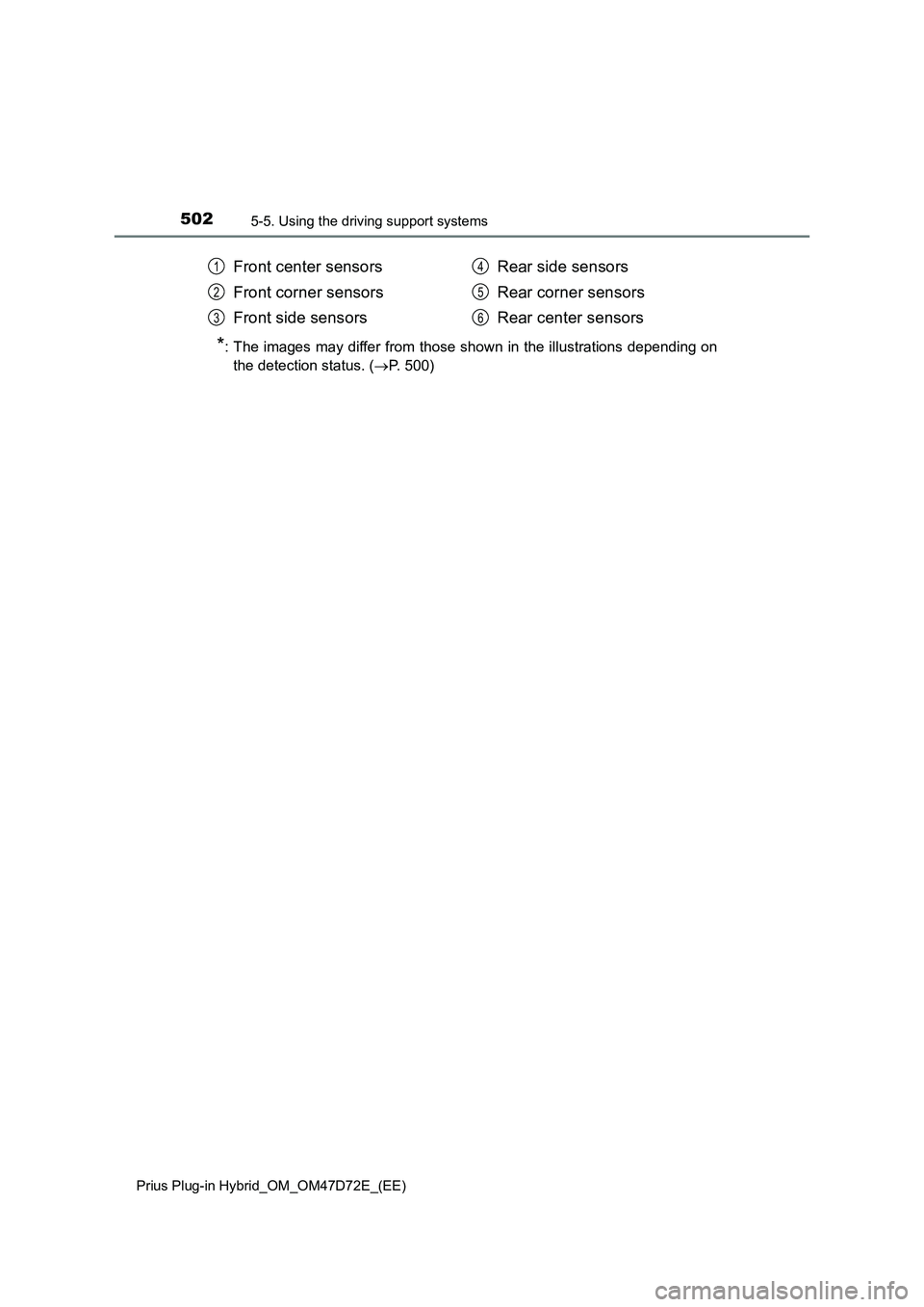 TOYOTA PRIUS PLUG-IN HYBRID 2020  Owners Manual 5025-5. Using the driving support systems
Prius Plug-in Hybrid_OM_OM47D72E_(EE)
*: The images may differ from those shown in the illustrations depending on
the detection status. (P. 500)
Front cent