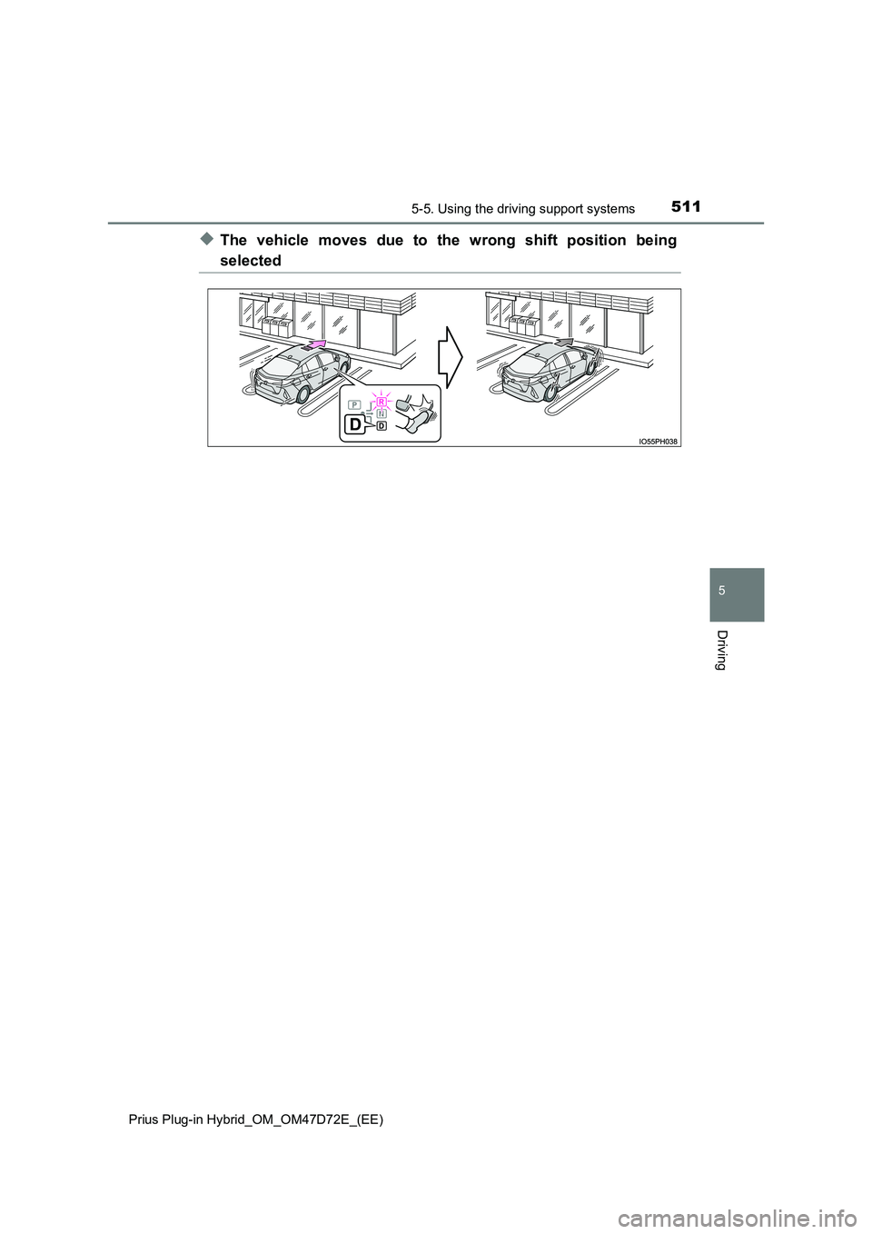 TOYOTA PRIUS PLUG-IN HYBRID 2020  Owners Manual 5115-5. Using the driving support systems 
Prius Plug-in Hybrid_OM_OM47D72E_(EE)
5
Driving
◆The vehicle moves due to the wrong shift position being
selected 