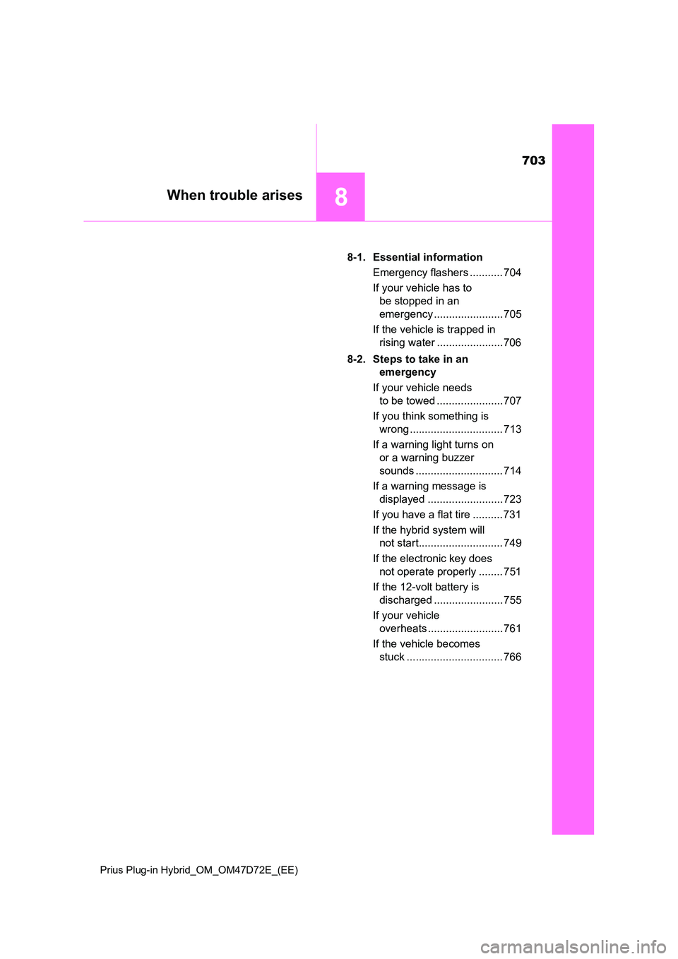 TOYOTA PRIUS PLUG-IN HYBRID 2020 Owners Manual 703
8When trouble arises
Prius Plug-in Hybrid_OM_OM47D72E_(EE)
8-1. Essential information
Emergency flashers ........... 704
If your vehicle has to
be stopped in an
emergency ................... TOYOTA PRIUS PLUG-IN HYBRID 2020 Owners Manual 703
8When trouble arises
Prius Plug-in Hybrid_OM_OM47D72E_(EE)
8-1. Essential information
Emergency flashers ........... 704
If your vehicle has to
be stopped in an
emergency ...................