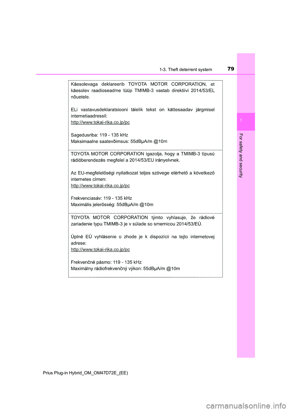 TOYOTA PRIUS PLUG-IN HYBRID 2020 Manual PDF 791-3. Theft deterrent system
1
Prius Plug-in Hybrid_OM_OM47D72E_(EE)
For safety and security 