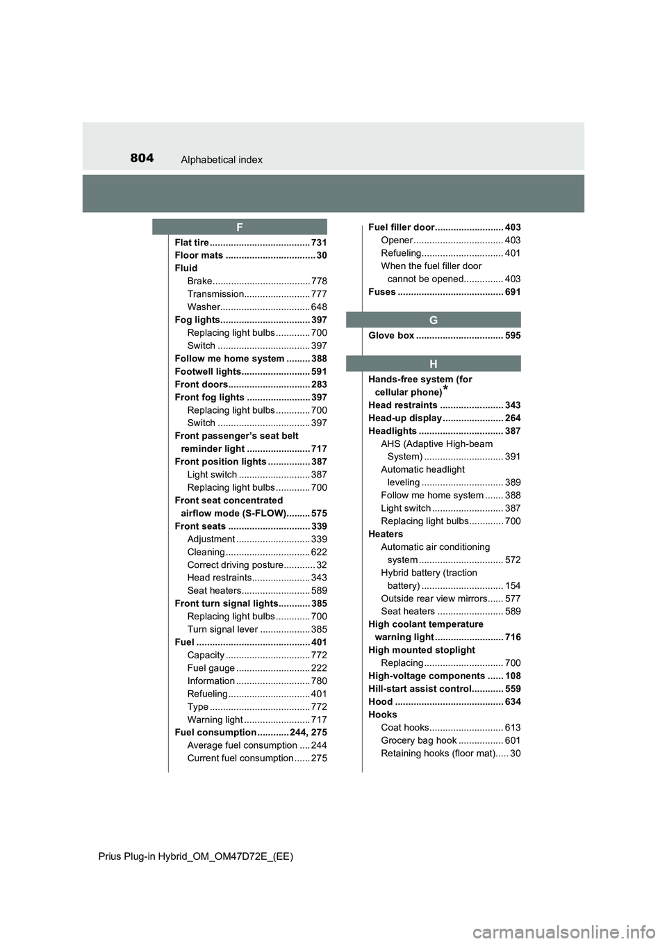 TOYOTA PRIUS PLUG-IN HYBRID 2020  Owners Manual 804Alphabetical index
Prius Plug-in Hybrid_OM_OM47D72E_(EE)
Flat tire ...................................... 731
Floor mats .................................. 30
Fluid
Brake...........................