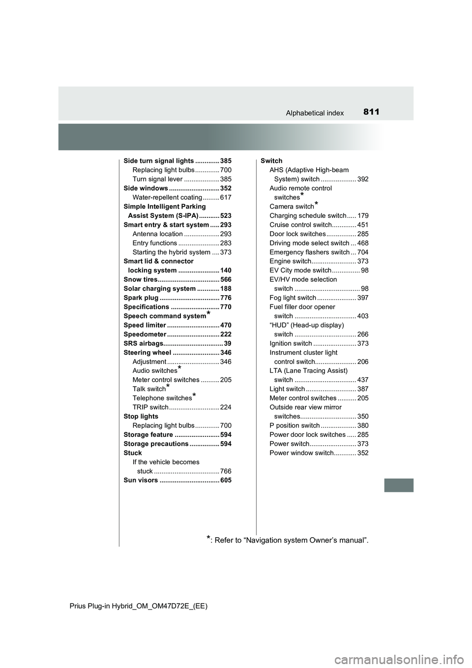 TOYOTA PRIUS PLUG-IN HYBRID 2020 Owners Manual 811Alphabetical index
Prius Plug-in Hybrid_OM_OM47D72E_(EE)
Side turn signal lights ............. 385
Replacing light bulbs ............. 700
Turn signal lever ................... 385
Side windows ... TOYOTA PRIUS PLUG-IN HYBRID 2020 Owners Manual 811Alphabetical index
Prius Plug-in Hybrid_OM_OM47D72E_(EE)
Side turn signal lights ............. 385
Replacing light bulbs ............. 700
Turn signal lever ................... 385
Side windows ...