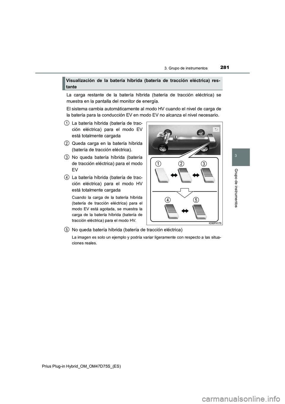 TOYOTA PRIUS PLUG-IN HYBRID 2020  Manual del propietario (in Spanish) 2813. Grupo de instrumentos
3
Grupo de instrumentos
Prius Plug-in Hybrid_OM_OM47D75S_(ES)
La carga restante de la batería híbrida (batería de tracción eléctrica) se
muestra en la pantalla del mon