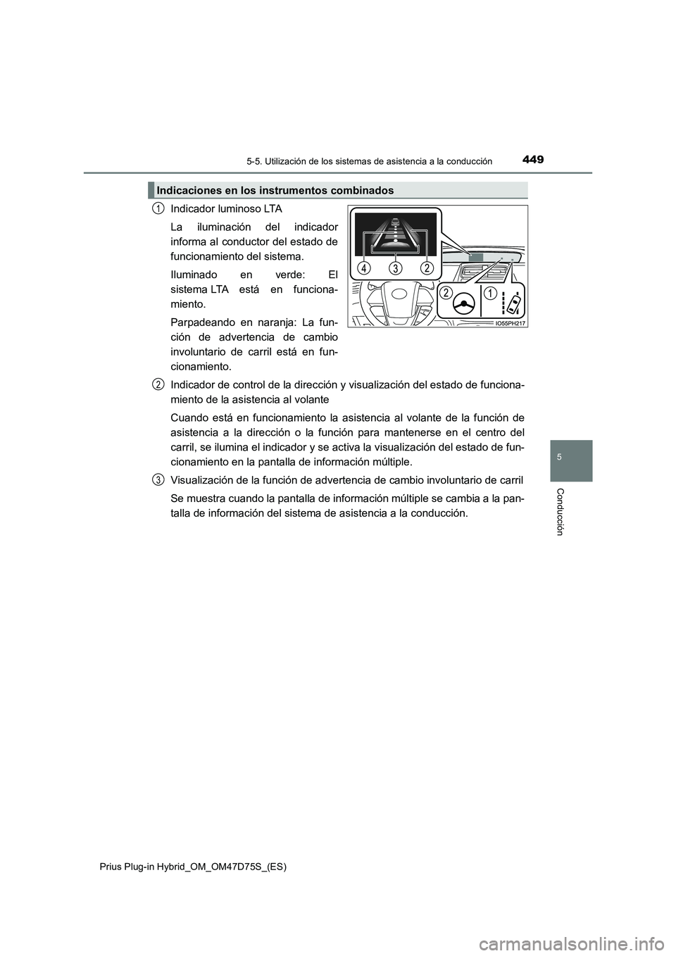 TOYOTA PRIUS PLUG-IN HYBRID 2020  Manual del propietario (in Spanish) 4495-5. Utilización de los sistemas de asistencia a la conducción
Prius Plug-in Hybrid_OM_OM47D75S_(ES)
5
Conducción
Indicador luminoso LTA
La iluminación del indicador
informa al conductor del es