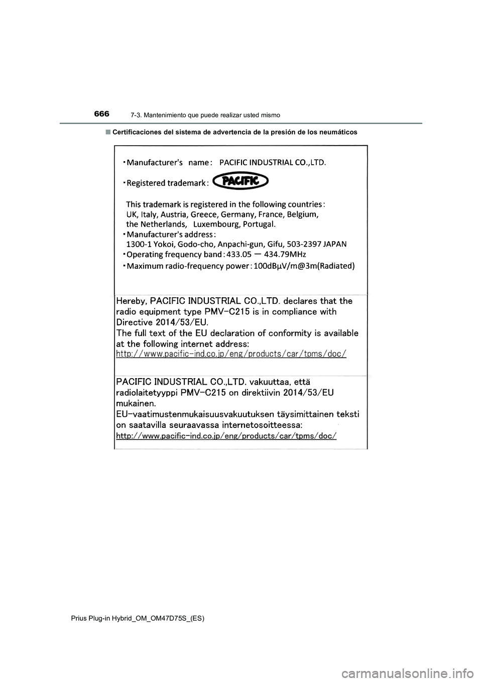 TOYOTA PRIUS PLUG-IN HYBRID 2020  Manual del propietario (in Spanish) 6667-3. Mantenimiento que puede realizar usted mismo
Prius Plug-in Hybrid_OM_OM47D75S_(ES)■Certificaciones del sistema de advertencia de la presión de los neumáticos 