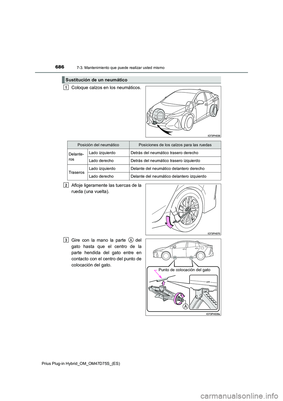 TOYOTA PRIUS PLUG-IN HYBRID 2020  Manual del propietario (in Spanish) 6867-3. Mantenimiento que puede realizar usted mismo
Prius Plug-in Hybrid_OM_OM47D75S_(ES)
Coloque calzos en los neumáticos. 
Afloje ligeramente las tuercas de la 
rueda (una vuelta). 
Gire con la ma