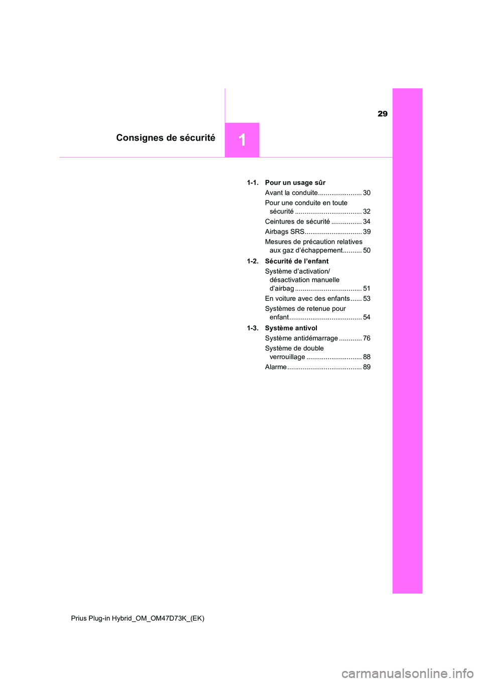 TOYOTA PRIUS PLUG-IN HYBRID 2020  Manuel du propriétaire (in French) 29
1Consignes de sécurité
Prius Plug-in Hybrid_OM_OM47D73K_(EK) 
1-1. Pour un usage sûr 
Avant la conduite....................... 30
Pour une conduite en toute  
sécurité ........................