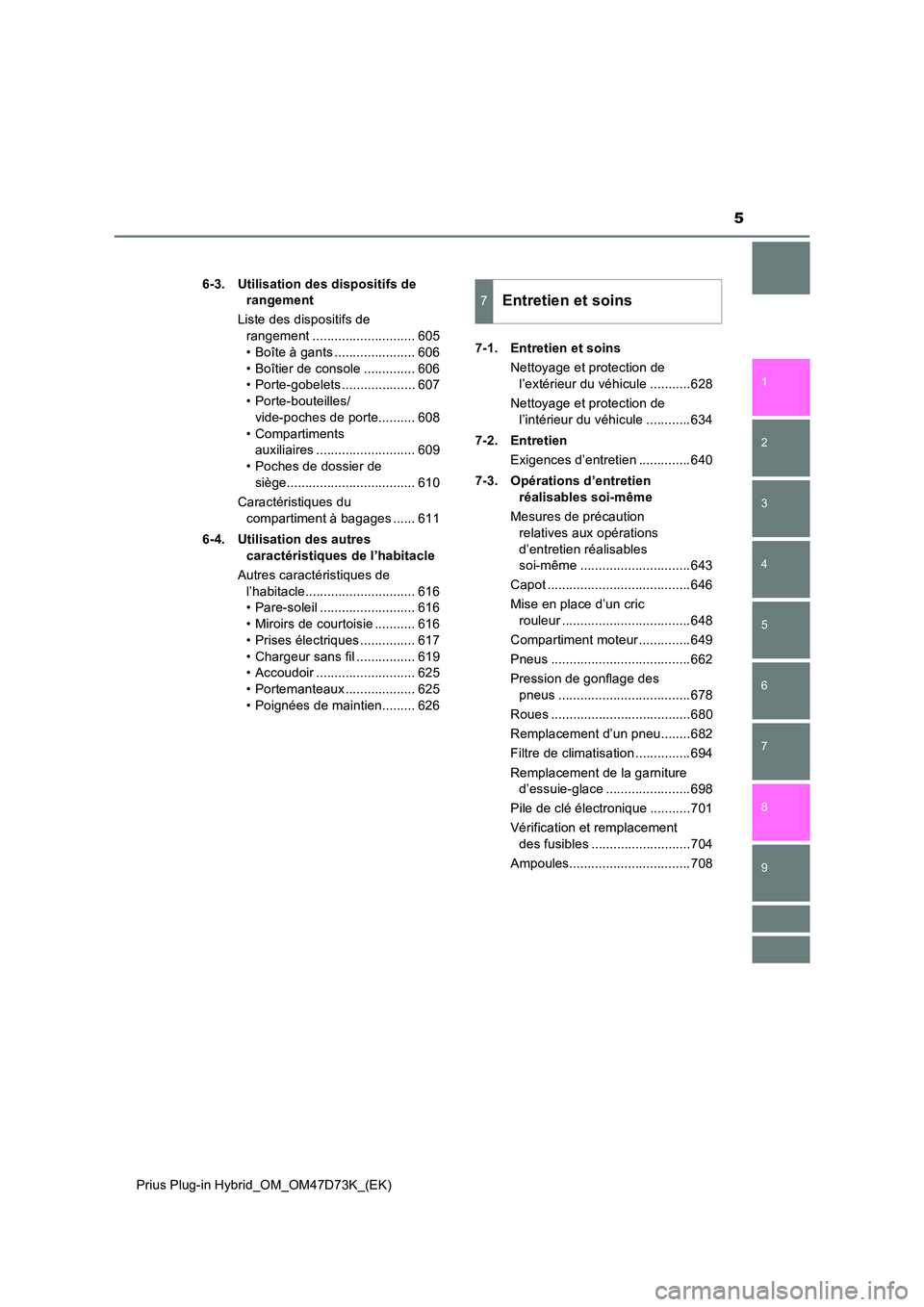 TOYOTA PRIUS PLUG-IN HYBRID 2020  Manuel du propriétaire (in French) 5
1 
9 
8
7
6
5
4 
2
Prius Plug-in Hybrid_OM_OM47D73K_(EK)
3
6-3. Utilisation des dispositifs de  
rangement 
Liste des dispositifs de  
rangement ............................ 605 
• Boîte à gants