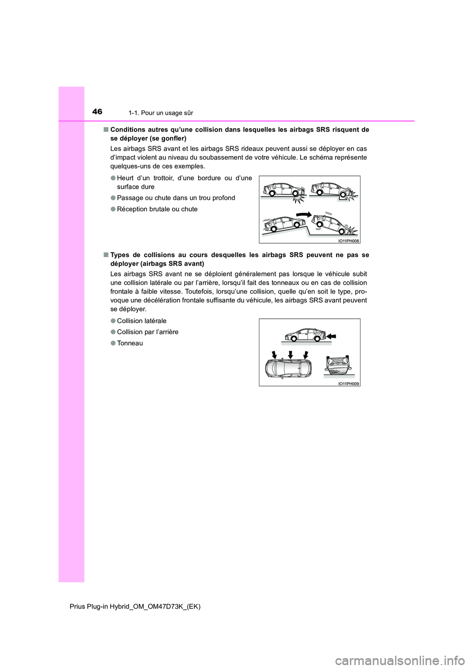 TOYOTA PRIUS PLUG-IN HYBRID 2020  Manuel du propriétaire (in French) 461-1. Pour un usage sûr
Prius Plug-in Hybrid_OM_OM47D73K_(EK) 
■ Conditions autres qu’une collision dans lesquelles les airbags SRS risquent de 
se déployer (se gonfler) 
Les airbags SRS avant 