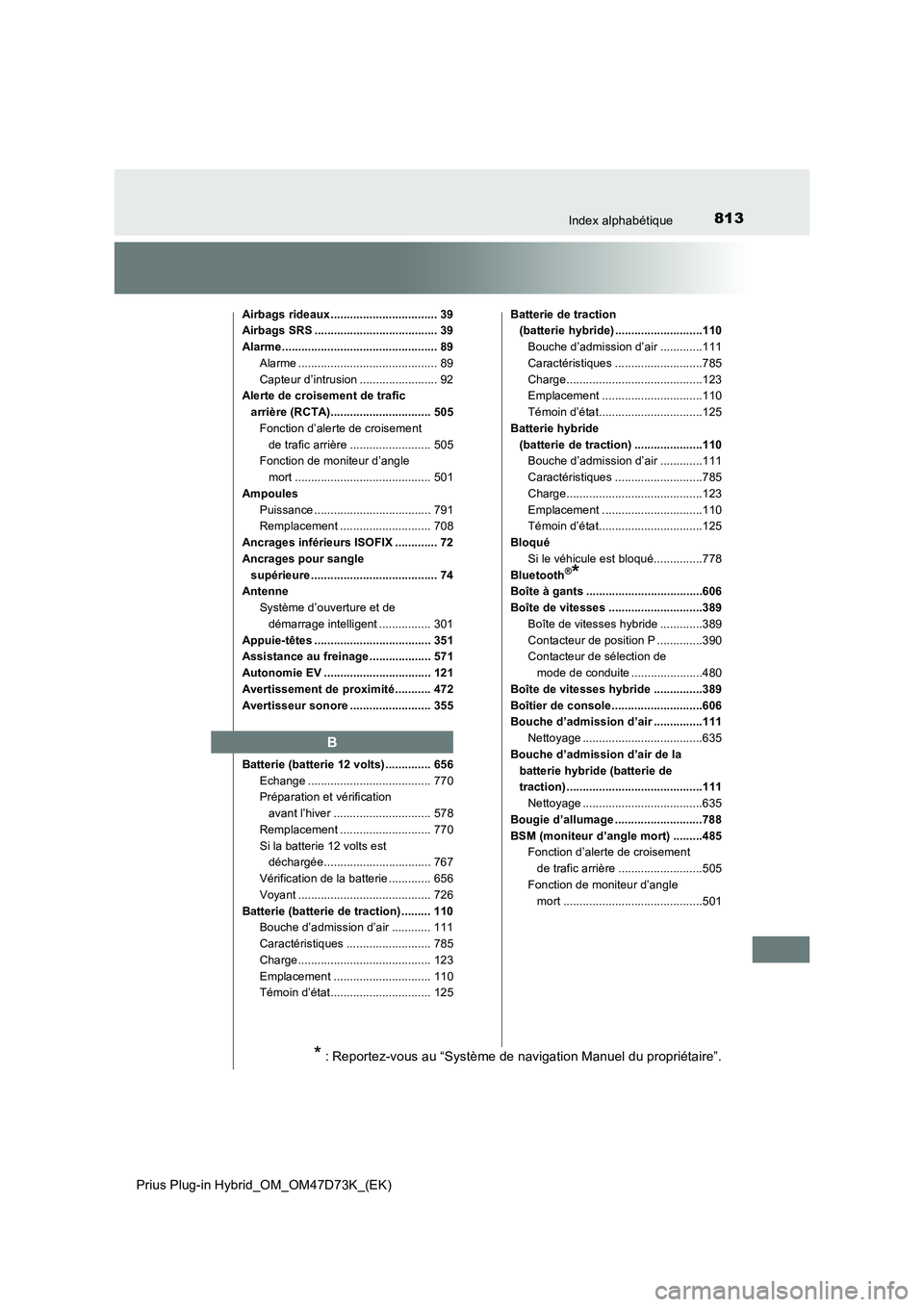 TOYOTA PRIUS PLUG-IN HYBRID 2020  Manuel du propriétaire (in French) 813Index alphabétique
Prius Plug-in Hybrid_OM_OM47D73K_(EK)
Airbags rideaux................................. 39
Airbags SRS ...................................... 39
Alarme...........................