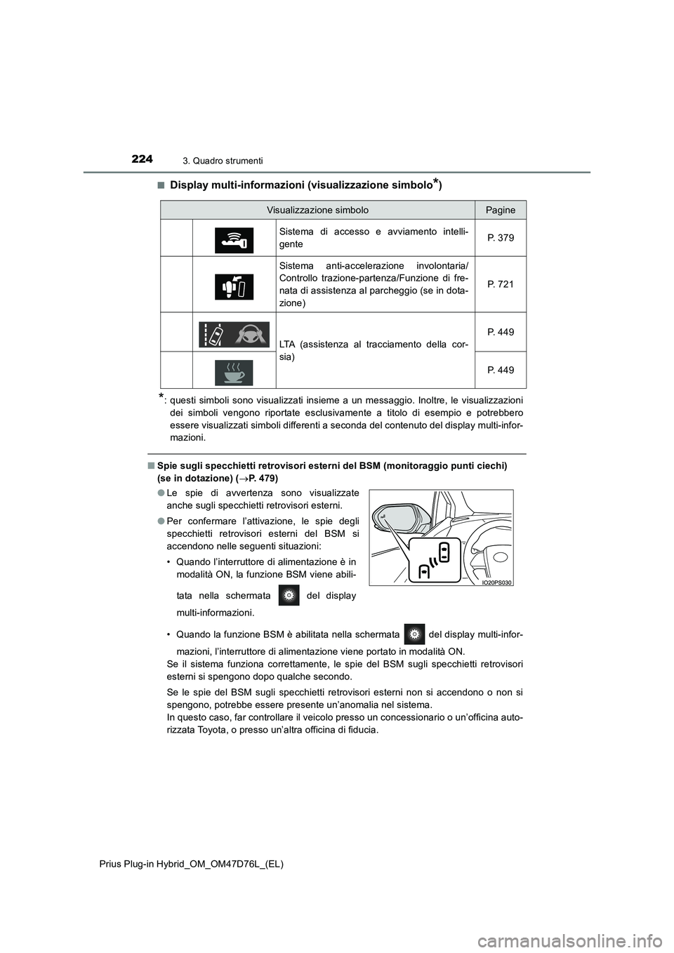 TOYOTA PRIUS PLUG-IN HYBRID 2020  Manuale duso (in Italian) 2243. Quadro strumenti
Prius Plug-in Hybrid_OM_OM47D76L_(EL)■
Display multi-informazioni (visualizzazione simbolo*)
*: questi simboli sono visualizzati insieme a un messaggio. Inoltre, le visualizza