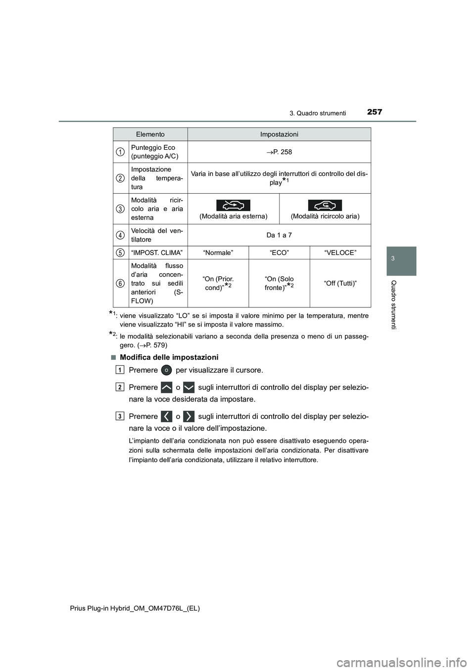 TOYOTA PRIUS PLUG-IN HYBRID 2020 Manuale duso (in Italian) 2573. Quadro strumenti
3
Quadro strumenti
Prius Plug-in Hybrid_OM_OM47D76L_(EL)
*1: viene visualizzato “LO” se si imposta il valore minimo per la temperatura, mentre
viene visualizzato “HI” se TOYOTA PRIUS PLUG-IN HYBRID 2020 Manuale duso (in Italian) 2573. Quadro strumenti
3
Quadro strumenti
Prius Plug-in Hybrid_OM_OM47D76L_(EL)
*1: viene visualizzato “LO” se si imposta il valore minimo per la temperatura, mentre
viene visualizzato “HI” se