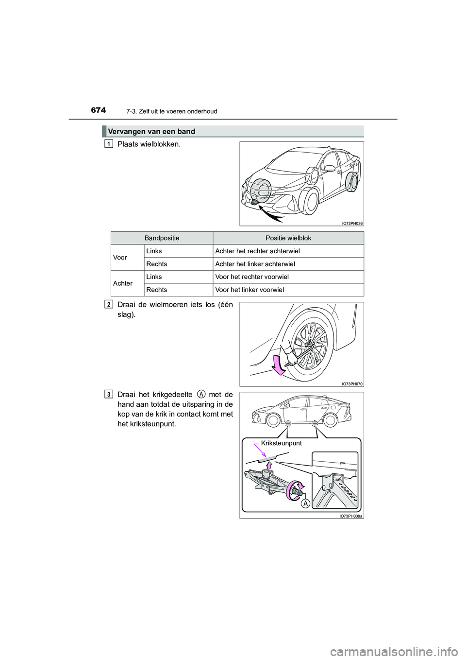 TOYOTA PRIUS PLUG-IN HYBRID 2020  Instructieboekje (in Dutch) 6747-3. Zelf uit te voeren onderhoud
Prius Plug-in Hybrid_OM_OM47D72E_(EE)
Plaats wielblokken.
Draai de wielmoeren iets los (één
slag).
Draai het krikgedeelte   met de
hand aan totdat de uitsparing 