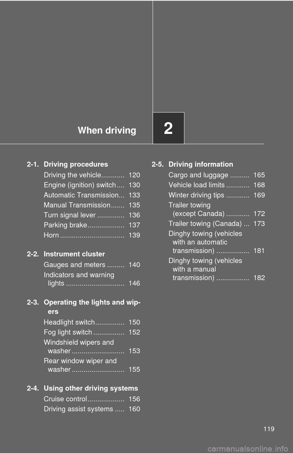 TOYOTA YARIS 2011 3.G Owners Manual When driving2
119
2-1. Driving proceduresDriving the vehicle............ 120
Engine (ignition) switch .... 130
Automatic Transmission... 133
Manual Transmission ....... 135
Turn signal lever ..... TOYOTA YARIS 2011 3.G Owners Manual When driving2
119
2-1. Driving proceduresDriving the vehicle............ 120
Engine (ignition) switch .... 130
Automatic Transmission... 133
Manual Transmission ....... 135
Turn signal lever .....