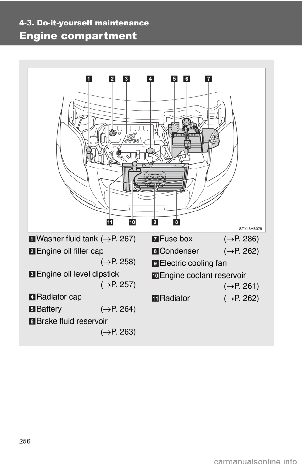 TOYOTA YARIS 2011 3.G Owners Manual 256
4-3. Do-it-yourself maintenance
Engine compar tment
Washer fluid tank (P. 267)
Engine oil filler cap ( P. 258)
Engine oil level dipstick ( P. 257)
Radiator cap
Battery ( P. 264)
Brake 