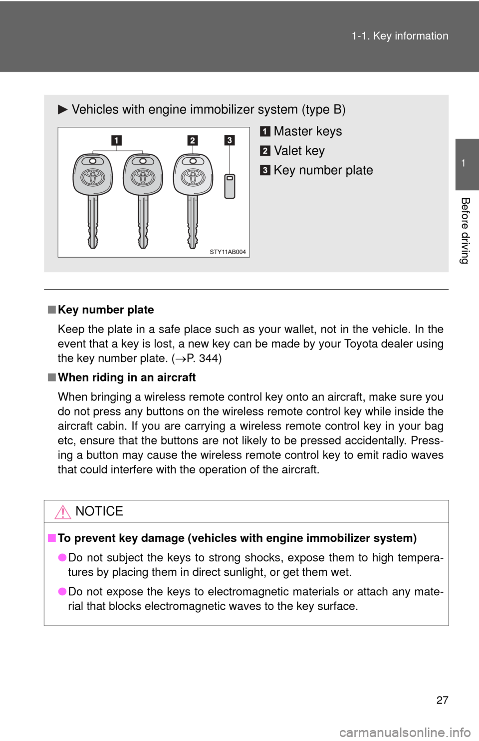 TOYOTA YARIS 2011 3.G Owners Manual 27
1-1. Key information
1
Before driving
■
Key number plate
Keep the plate in a safe place such as your wallet, not in the vehicle. In the
event that a key is lost, a new key can be made by your Toy