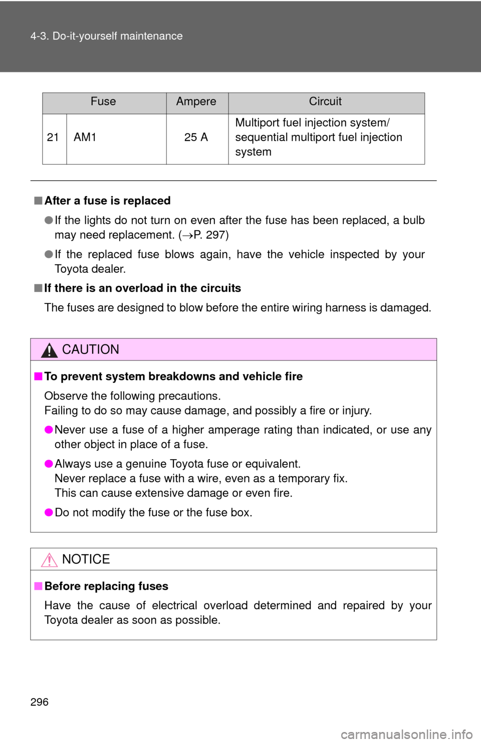 TOYOTA YARIS 2011 3.G Owners Manual 296 4-3. Do-it-yourself maintenance
21 AM125 AMultiport fuel injection system/
sequential multiport fuel injection 
system
■ After a fuse is replaced
●If the lights do not turn on even after the f