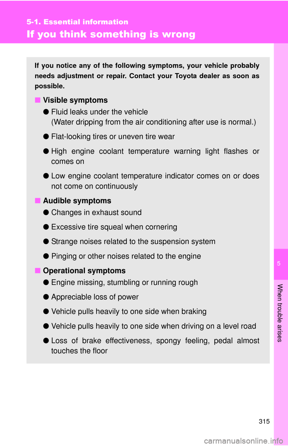 TOYOTA YARIS 2011 3.G Owners Manual 5
When trouble arises
315
5-1. Essential information
If you think something is wrong
If you notice any of the following symptoms, your vehicle probably
needs adjustment or repair. Contact your Toyota 