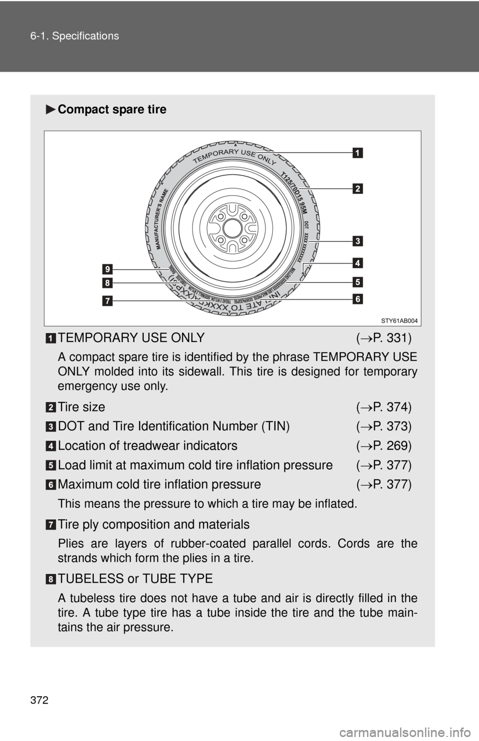 TOYOTA YARIS 2011 3.G Owners Manual 372 6-1. Specifications
Compact spare tire
TEMPORARY USE ONLY(ï‚® P. 331)
A compact spare tire is identified by the phrase TEMPORARY USE
ONLY molded into its sidewall. Th is tire is designed for tempo TOYOTA YARIS 2011 3.G Owners Manual 372 6-1. Specifications
Compact spare tire
TEMPORARY USE ONLY(ï‚® P. 331)
A compact spare tire is identified by the phrase TEMPORARY USE
ONLY molded into its sidewall. Th is tire is designed for tempo