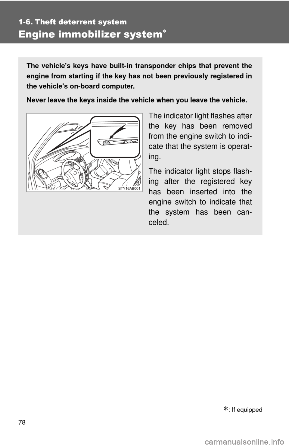 TOYOTA YARIS 2011 3.G Manual PDF 78
1-6. Theft deterrent system
Engine immobilizer system
: If equipped
The vehicles keys have built-in transponder chips that prevent the
engine from starting if the key has  not been previousl