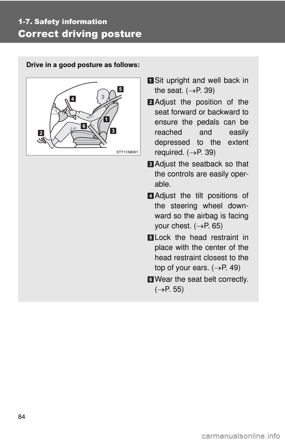 TOYOTA YARIS 2011 3.G Manual Online 84
1-7. Safety information
Correct driving posture
Drive in a good posture as follows:
Sit upright and well back in
the seat. (P.  3 9 )
Adjust the position of the
seat forward or backward to
ensur