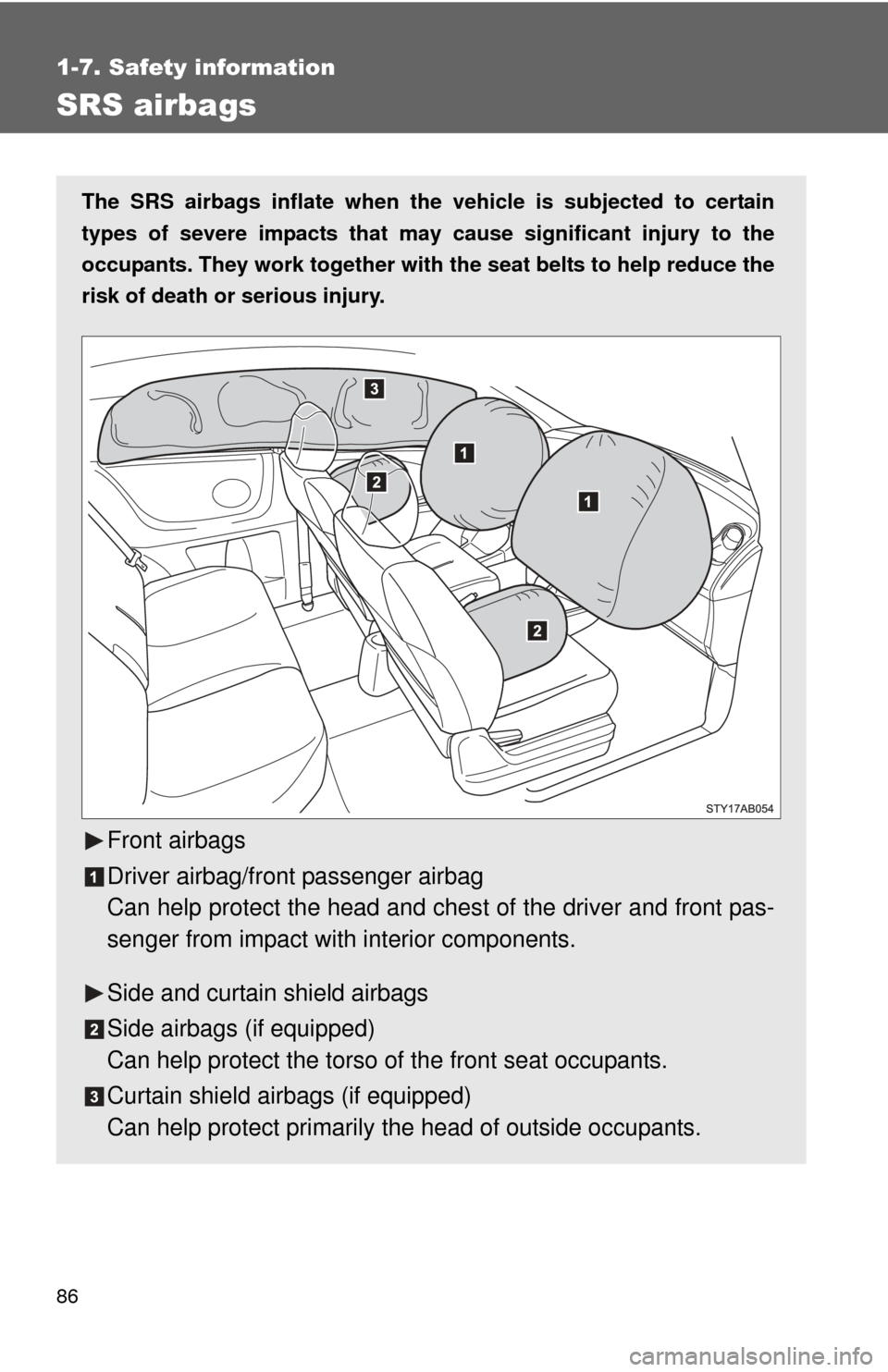 TOYOTA YARIS 2011 3.G Manual Online 86
1-7. Safety information
SRS airbags
The SRS airbags inflate when the vehicle is subjected to certain
types of severe impacts that may  cause significant injury to the
occupants. They work together 