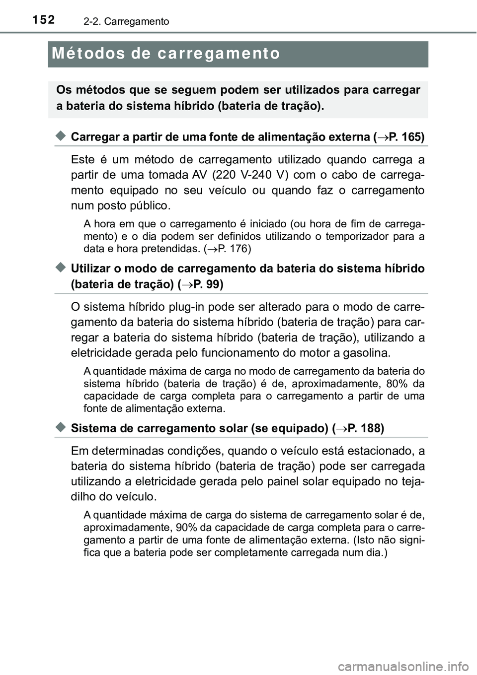 TOYOTA PRIUS PLUG-IN HYBRID 2020 Instrukcja obsługi (in Polish) 1522-2. Carregamento
Métodos de carregamento
◆Carregar a partir de uma fonte de alimentação externa (P. 1 6 5 )
Este é um método de carregamento utilizado quando carrega a
partir TOYOTA PRIUS PLUG-IN HYBRID 2020 Instrukcja obsługi (in Polish) 1522-2. Carregamento
Métodos de carregamento
◆Carregar a partir de uma fonte de alimentação externa (P. 1 6 5 )
Este é um método de carregamento utilizado quando carrega a
partir
