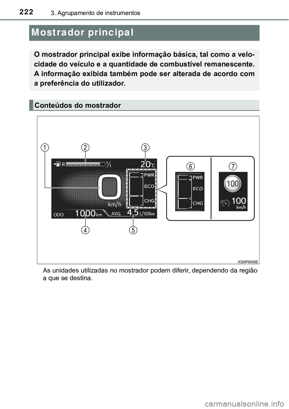 TOYOTA PRIUS PLUG-IN HYBRID 2020 Instrukcja obsługi (in Polish) 2223. Agrupamento de instrumentos
Mostrador principal
As unidades utilizadas no mostrador podem diferir, dependendo da região
a que se destina.
O mostrador principal exibe informação básica, tal c TOYOTA PRIUS PLUG-IN HYBRID 2020 Instrukcja obsługi (in Polish) 2223. Agrupamento de instrumentos
Mostrador principal
As unidades utilizadas no mostrador podem diferir, dependendo da região
a que se destina.
O mostrador principal exibe informação básica, tal c
